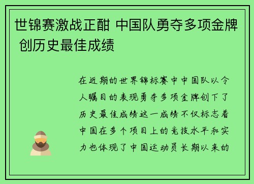 世锦赛激战正酣 中国队勇夺多项金牌 创历史最佳成绩