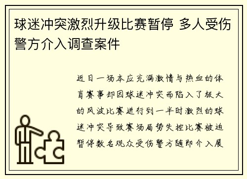 球迷冲突激烈升级比赛暂停 多人受伤警方介入调查案件