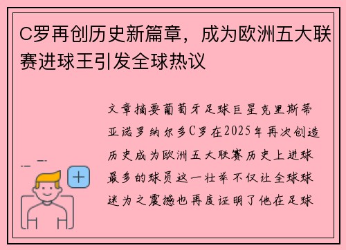 C罗再创历史新篇章，成为欧洲五大联赛进球王引发全球热议
