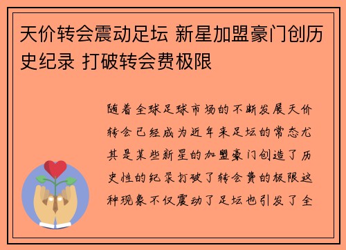 天价转会震动足坛 新星加盟豪门创历史纪录 打破转会费极限