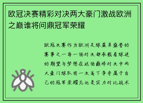 欧冠决赛精彩对决两大豪门激战欧洲之巅谁将问鼎冠军荣耀